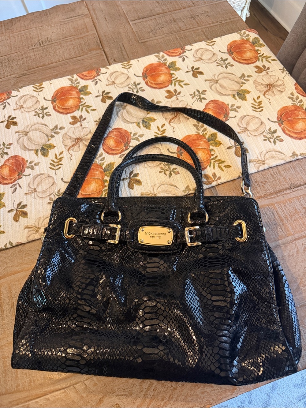 Michael Kors Black Patent Snake-Embossed Satchel with Gold Hardware